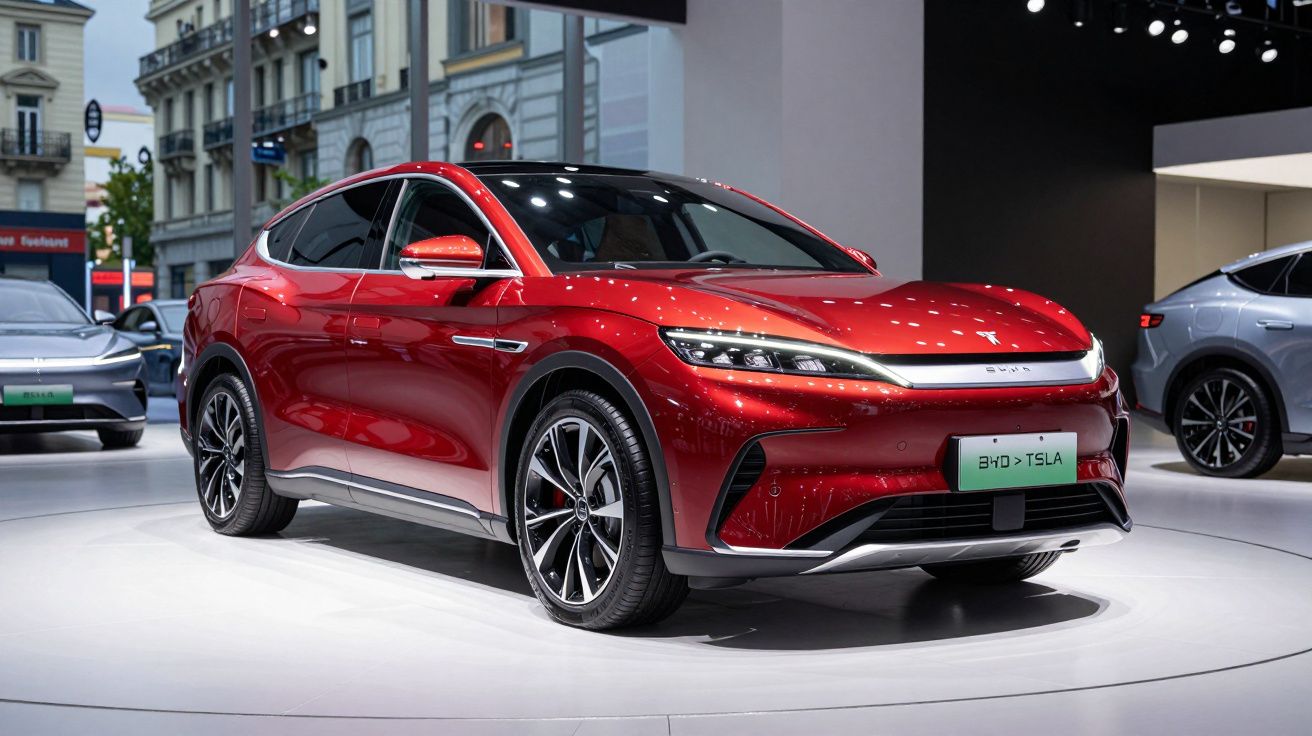 Carro elétrico vermelho brilhante BYD Tesla exposto numa feira automóvel com edifícios ao fundo.