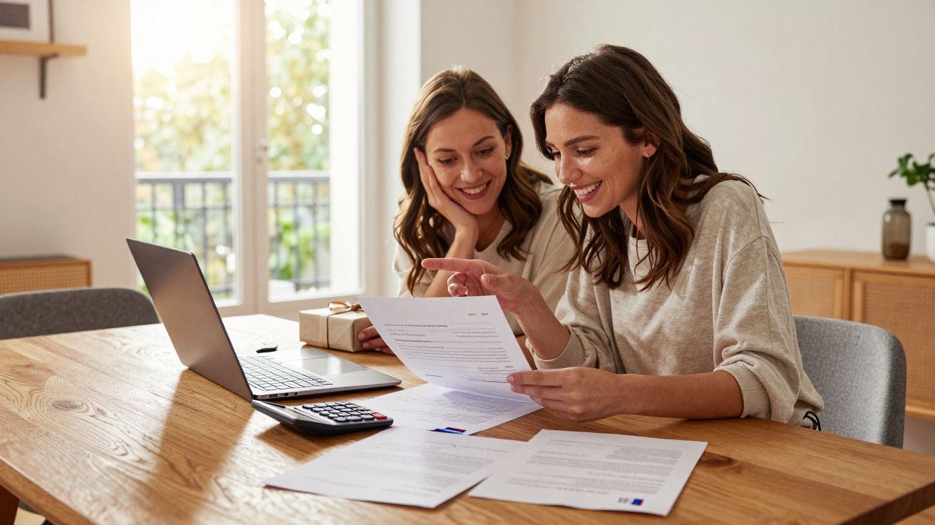 Duas mulheres sorridentes a analisar documentos numa mesa com portátil e calculadora, em ambiente iluminado.