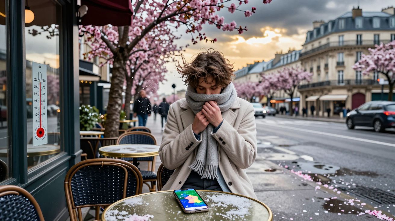 Pessoa agasalhada num café exterior com árvores em flor e termómetro a indicar 5 graus.