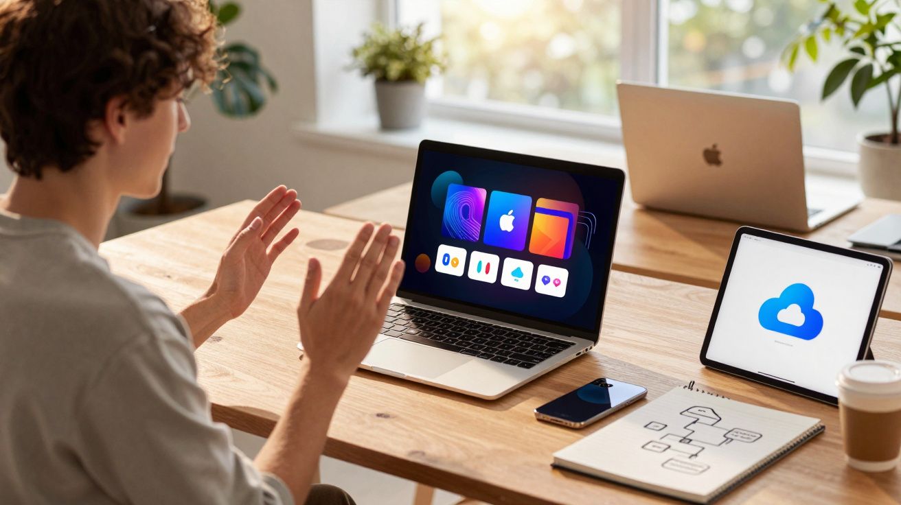 Pessoa sentada à mesa com computador portátil e tablet a mostrar ícones de aplicações e serviços na nuvem.