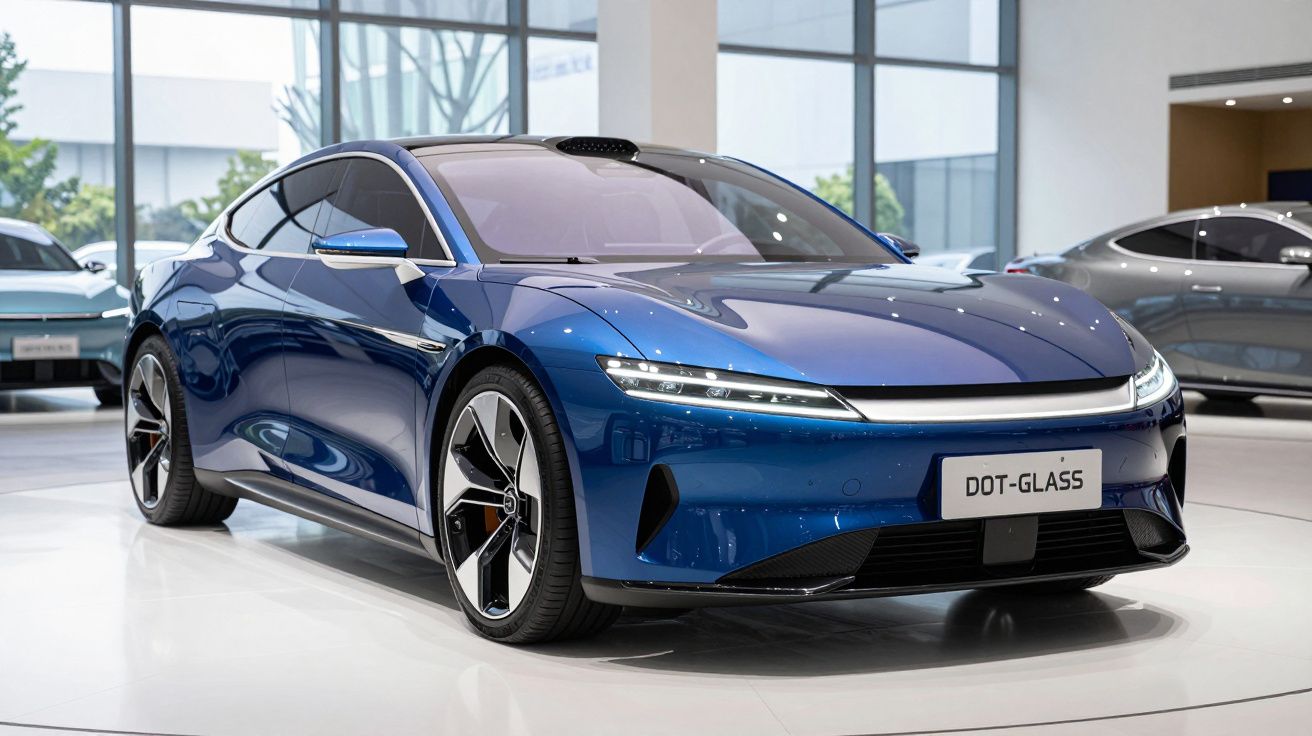 Automóvel elétrico azul brilhante com design aerodinâmico em exposição num espaço amplo e luminoso.