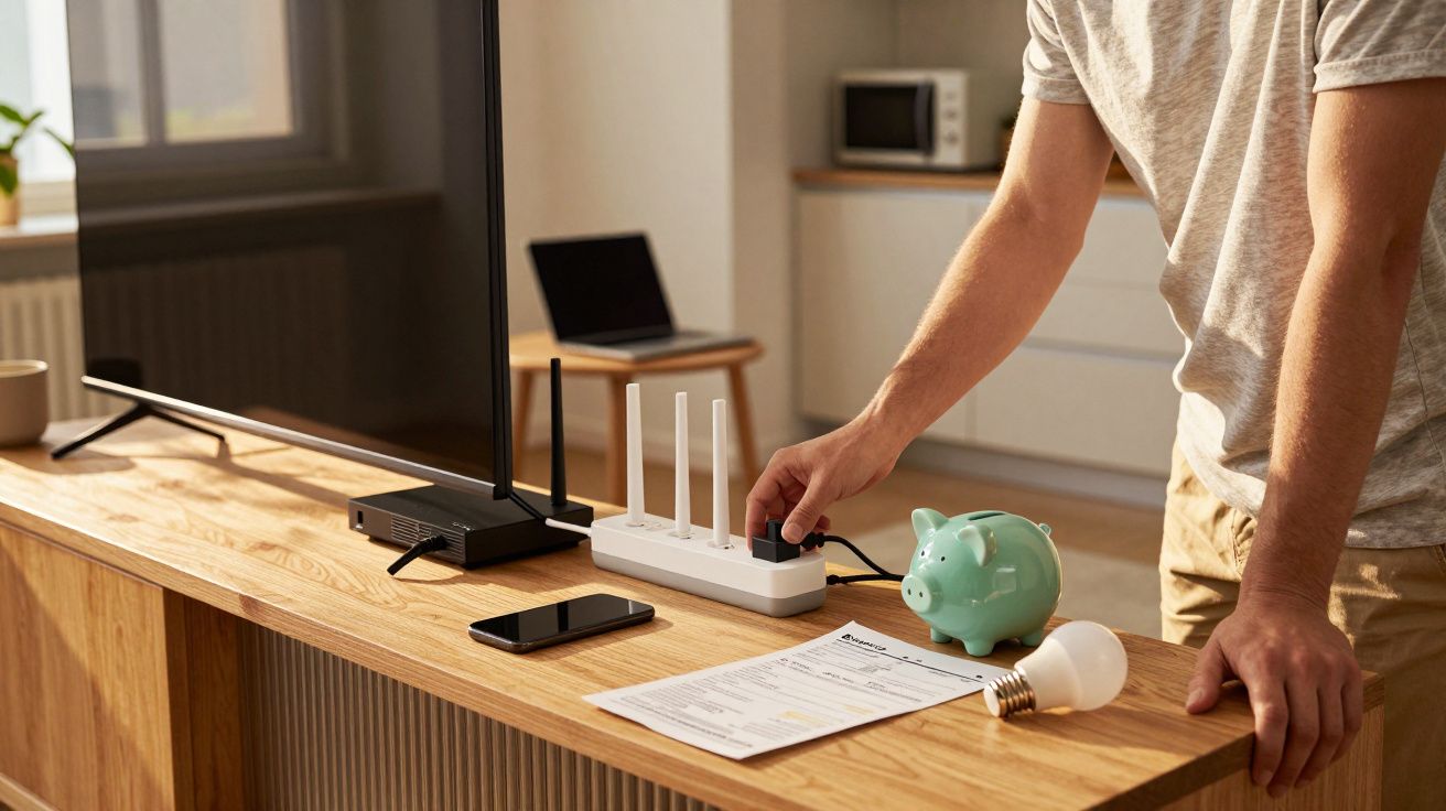 Pessoa a desligar ficha da tomada múltipla numa mesa com routers, TV, telemóvel, mealheiro e contas.