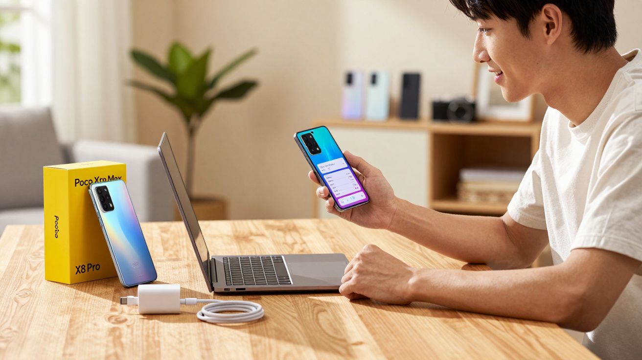 Homem a usar telemóvel azul e laptop numa mesa de madeira com caixa e carregador de Poco X8 Pro.