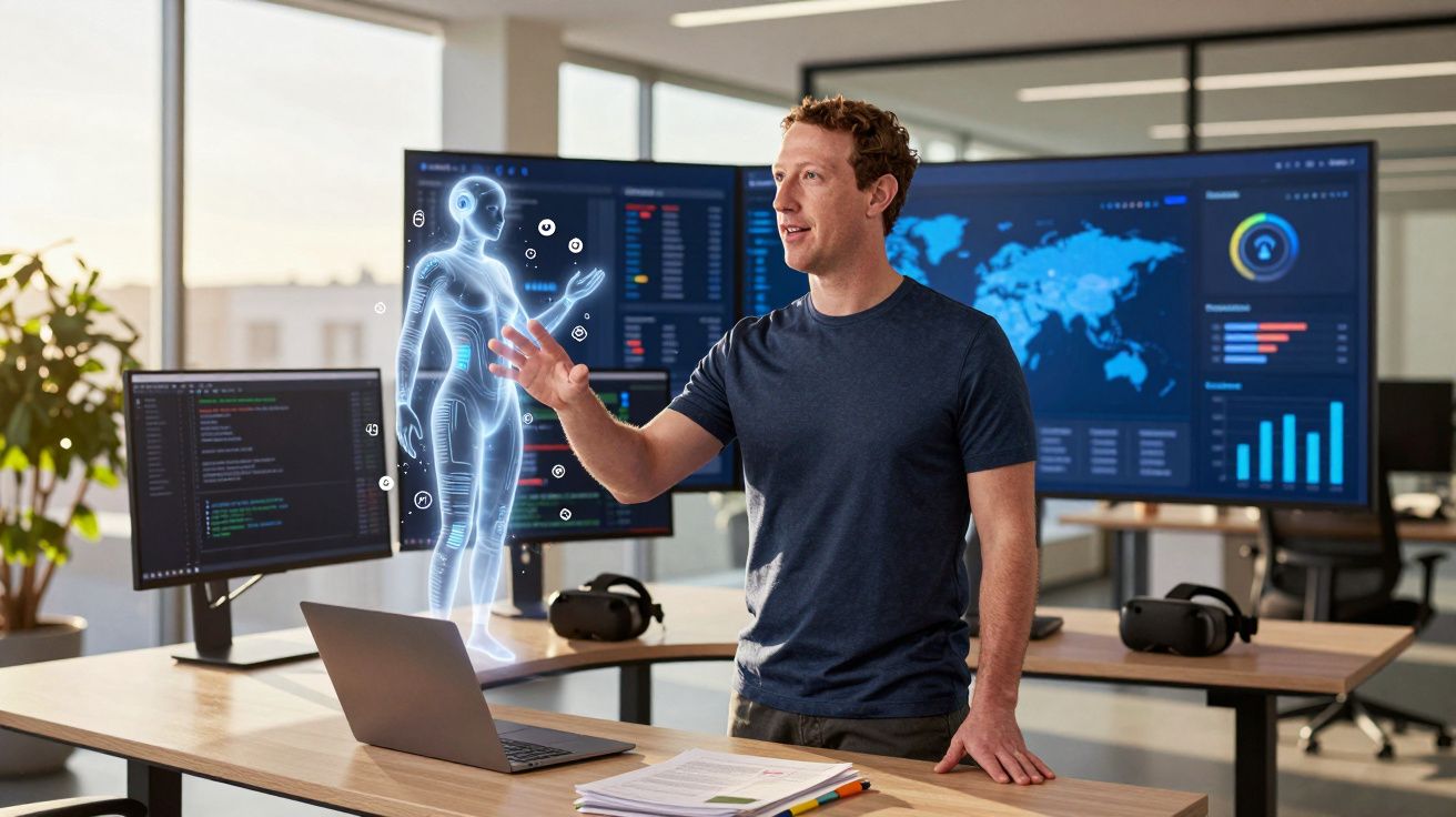 Homem em escritório interage com holograma de corpo humano e múltiplos ecrãs tecnológicos ao fundo.