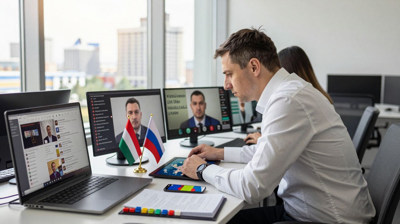 Homem em videoconferência com dois ecrãs, bandeiras da Hungria e da Rússia no escritório moderno.