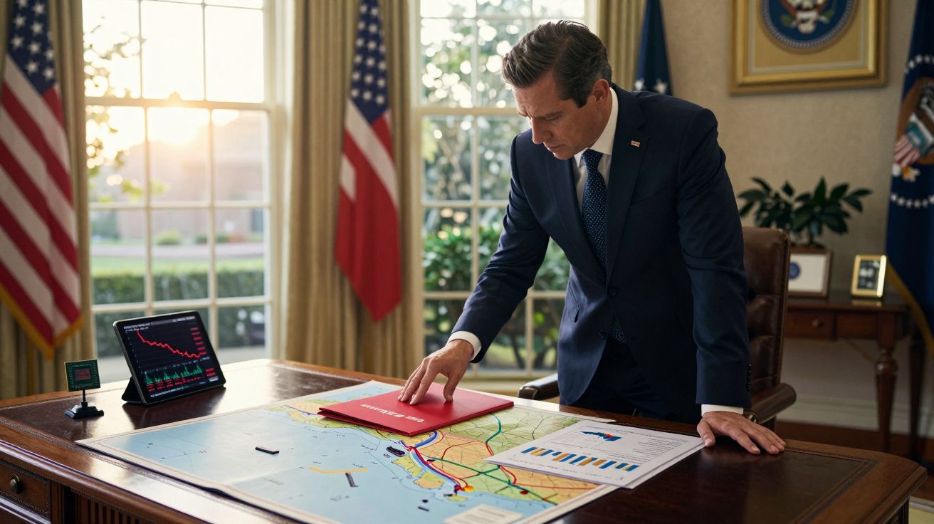Homem de fato azul analisa mapa e gráficos numa sala oficial com bandeiras americanas ao fundo.