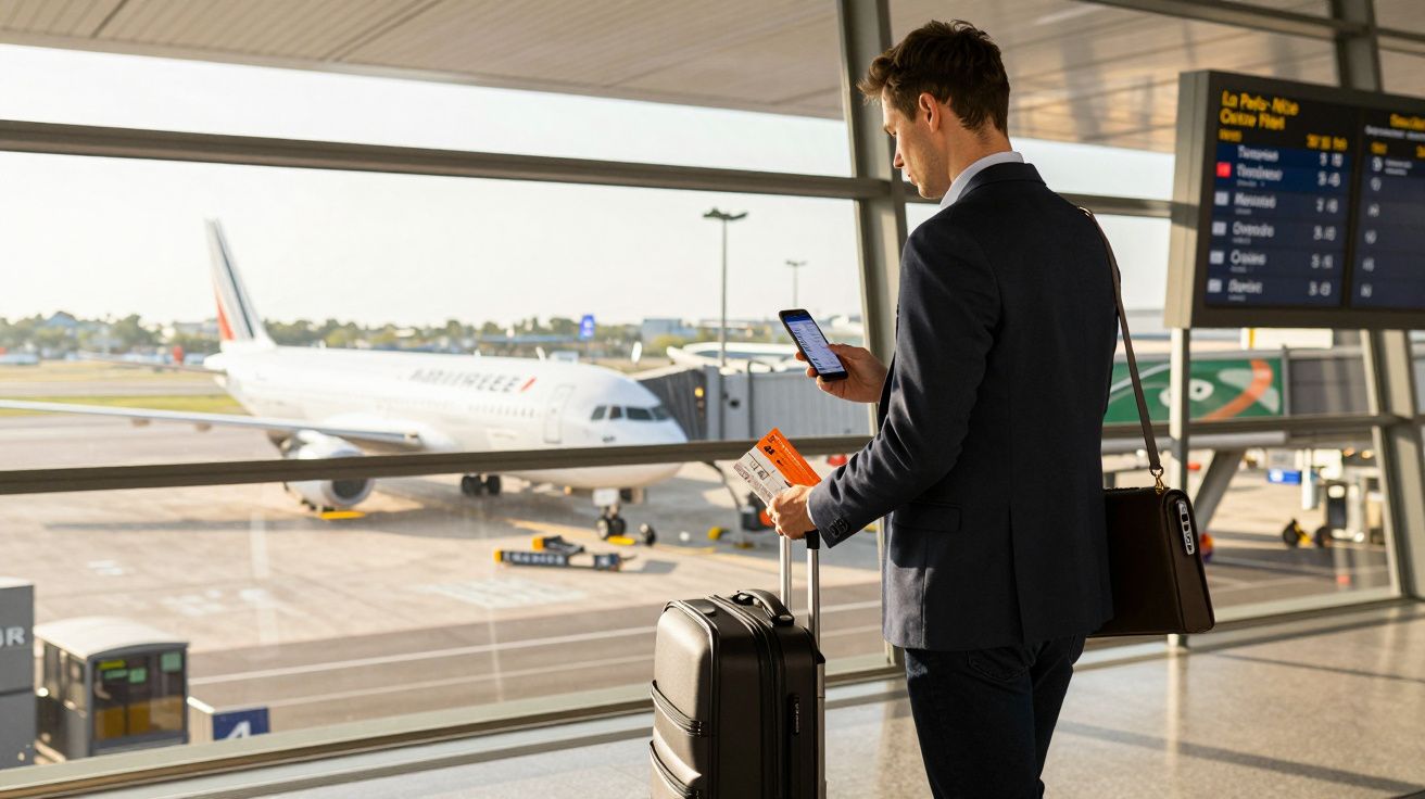 Homem de fato no aeroporto com mala, bilhete e telemóvel, a olhar para o avião na pista.