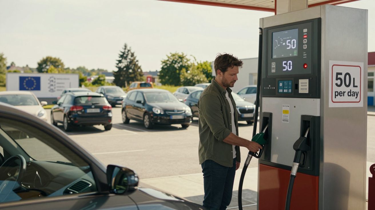 Homem abastece carro numa bomba de gasolina com limite de 50 litros por dia num posto exterior.