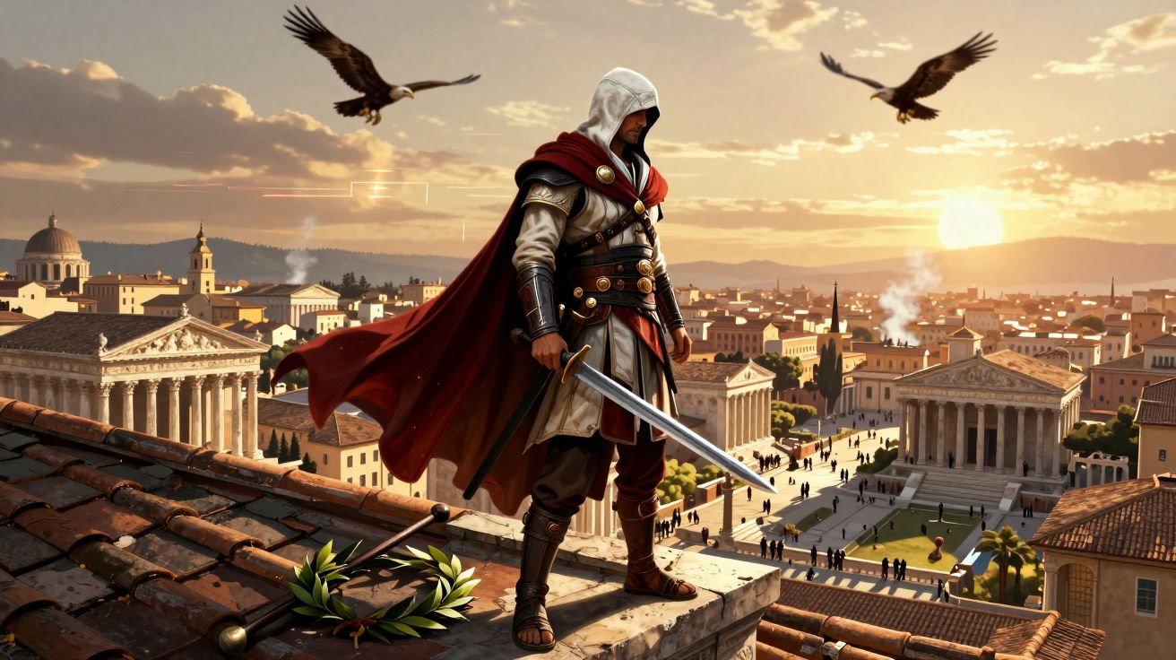 Assassino com capa vermelha e espada observa cidade antiga do alto de telhado ao pôr do sol.