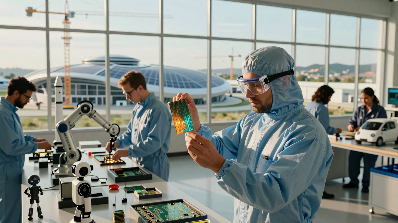 Engenheiros em laboratório tecnológico trabalham com circuitos eletrónicos e robótica avançada.
