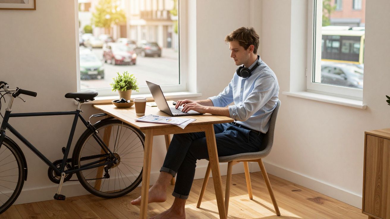Homem a trabalhar num escritório doméstico com computador portátil e bicicleta junto à mesa perto da janela.