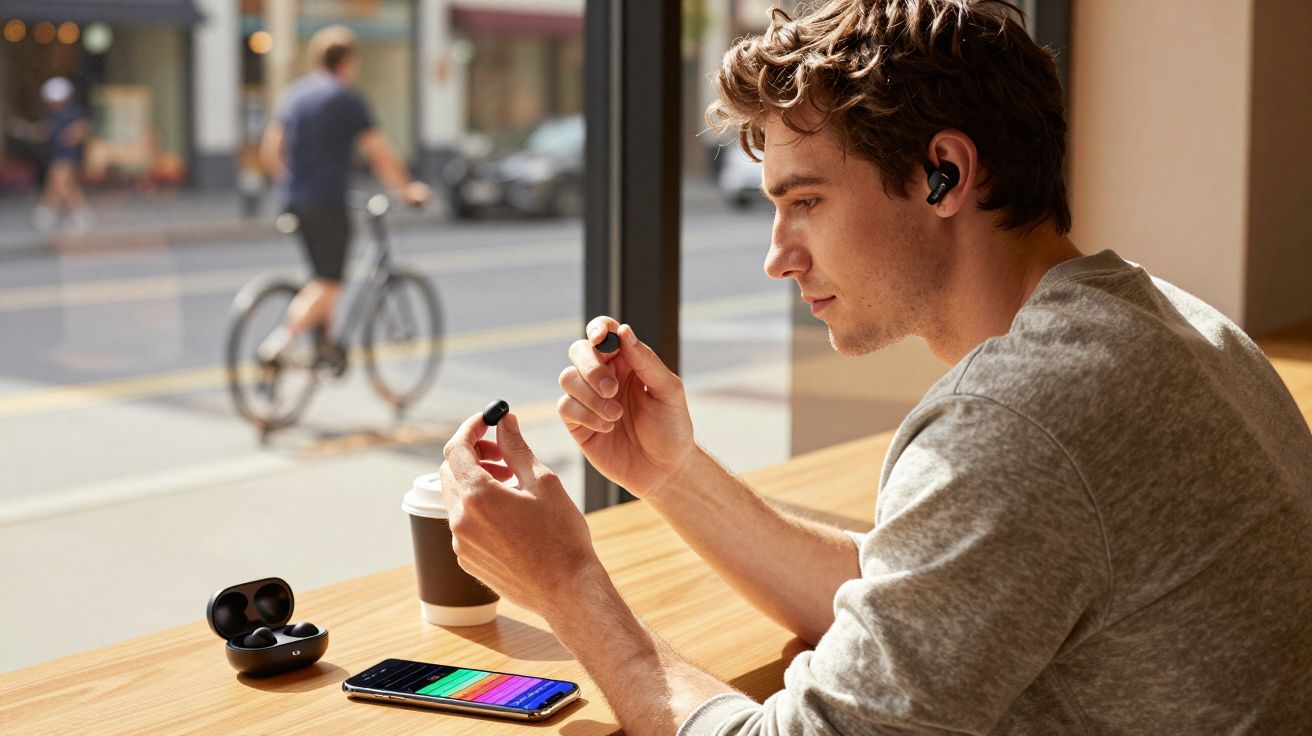 Homem numa cafetaria a colocar auscultadores sem fios, com telemóvel e copo de café à frente.