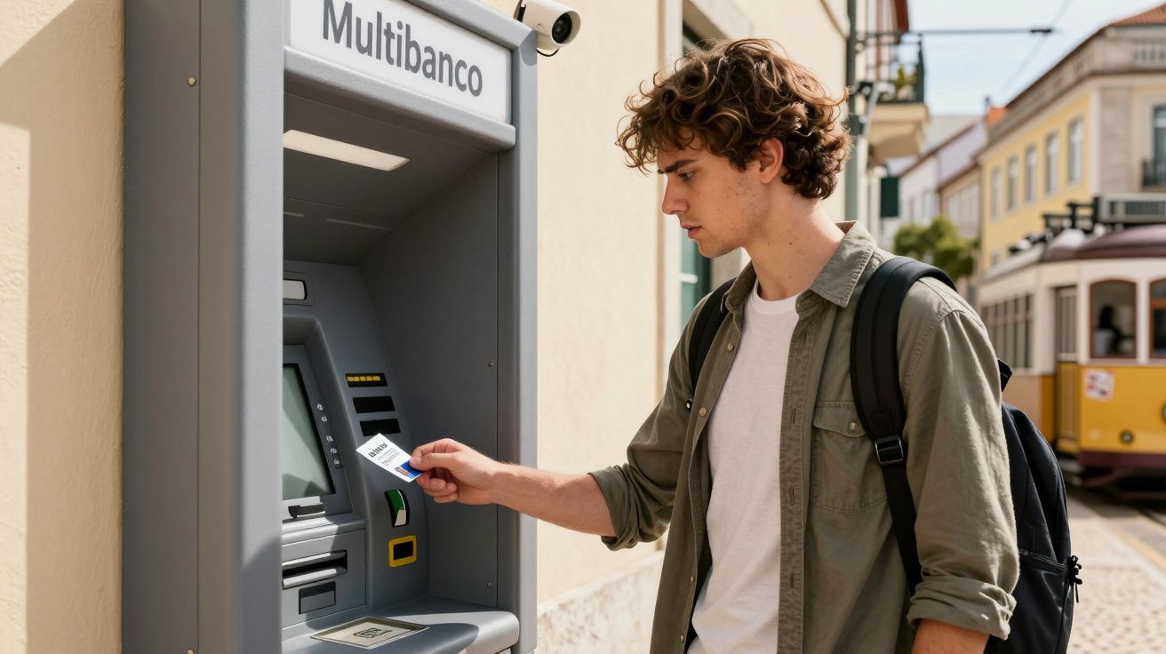 Jovem a usar cartão multibanco numa caixa automática numa rua com elétrico ao fundo.