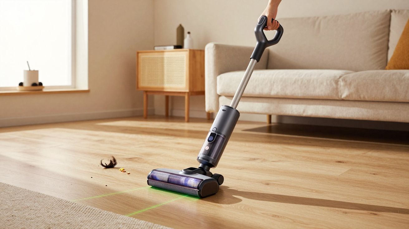 Pessoa a aspirar chão de madeira com aspirador sem fios junto a sofá e móvel de madeira clara.