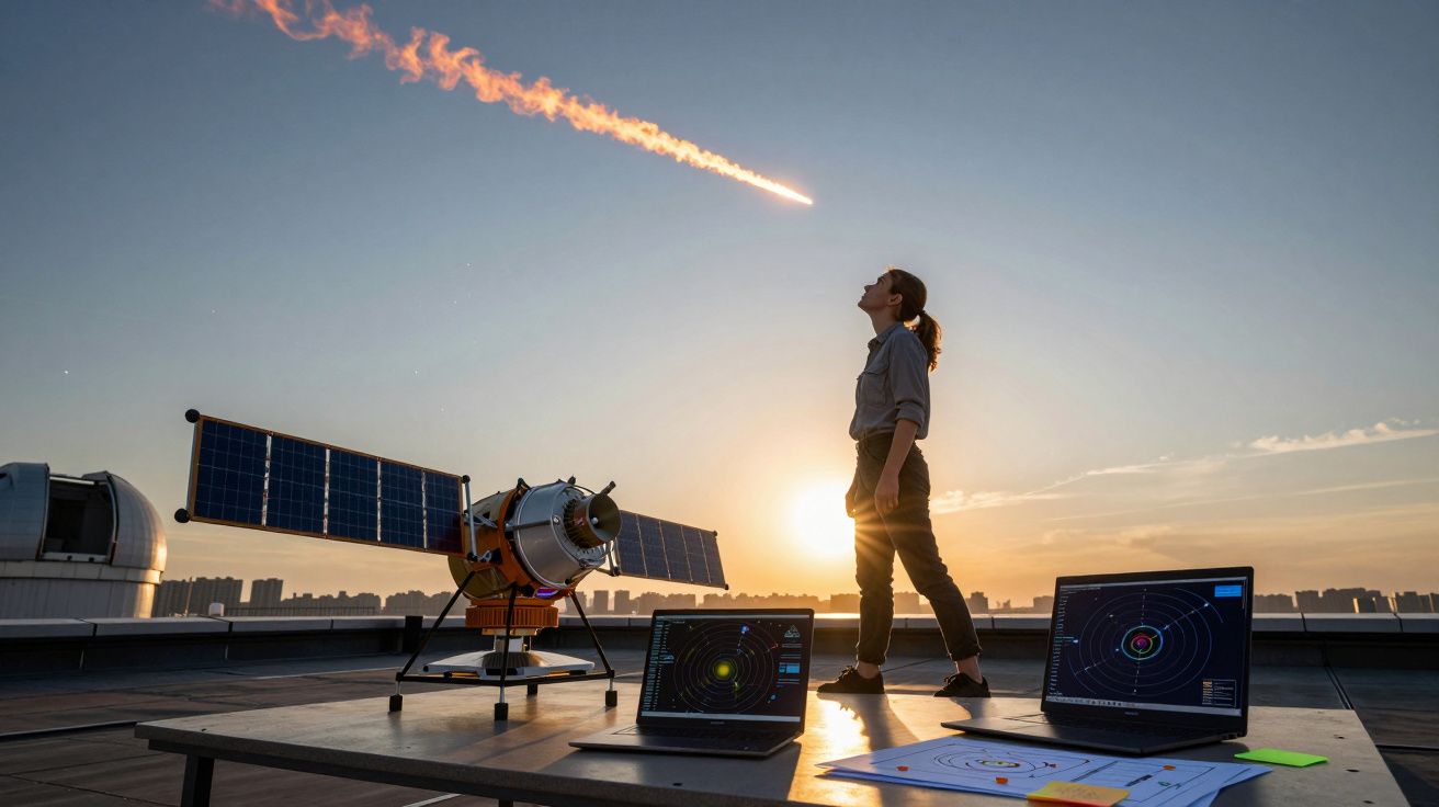 Pessoa observa um meteoro a arder no céu ao pôr do sol, com telescópio e computadores num terraço.