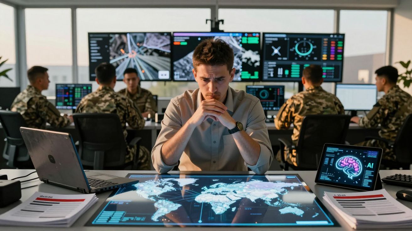 Homem a analisar um mapa digital mundial em mesa interativa, com militares e ecrãs de controlo ao fundo.