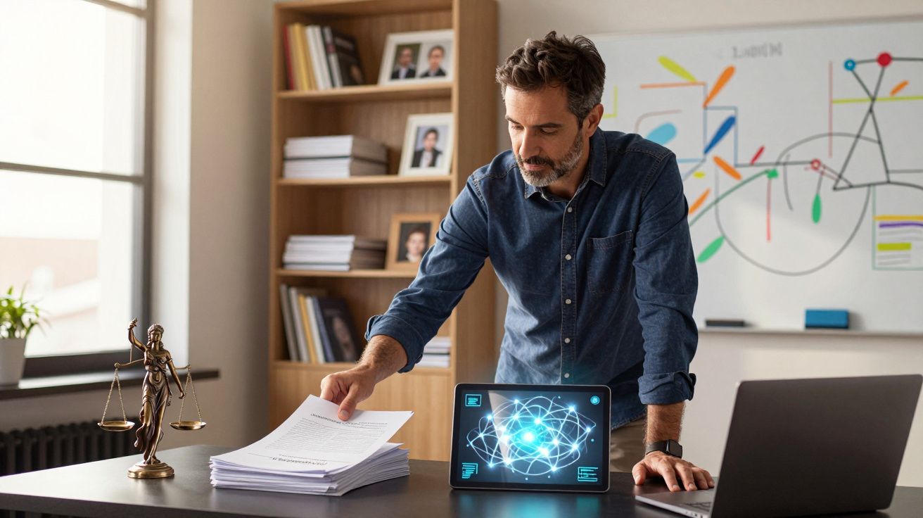 Homem a analisar documentos numa secretária com tablet, computador e símbolo da justiça numa sala de escritório.
