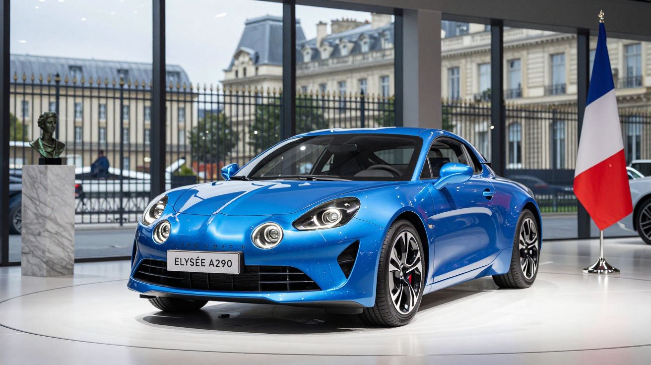 Carro desportivo azul Alpine Elysée A290 exibido em salão com bandeira francesa ao fundo.