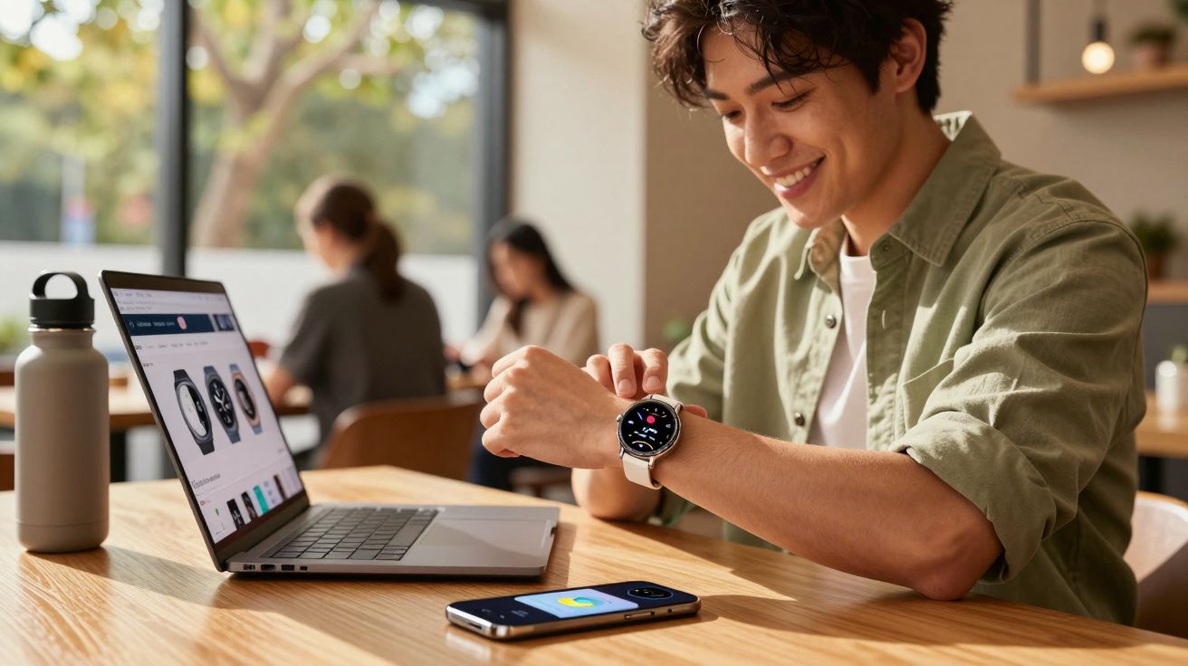 Jovem sorridente a experimentar um relógio inteligente numa mesa com laptop e telemóvel à frente.