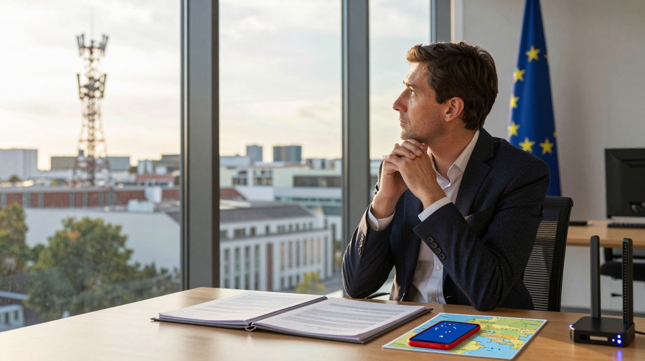 Homem de fato sentado à secretária a olhar pela janela com bandeira da União Europeia ao fundo.