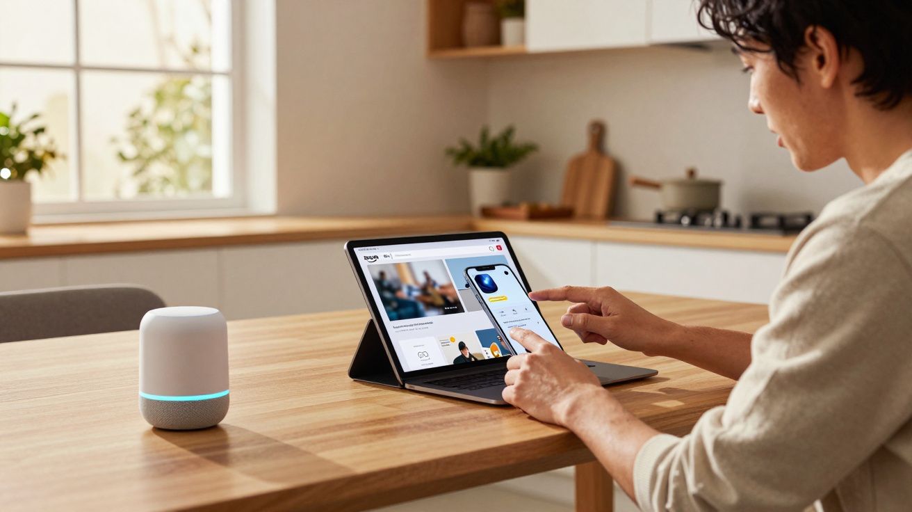 Pessoa a usar tablet com vídeo numa cozinha moderna, com coluna inteligente na mesa de madeira.