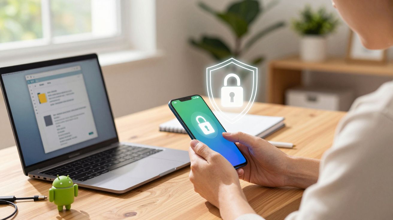 Pessoa a segurar smartphone com ícone de cadeado, indicando segurança, em frente a portátil numa secretária.