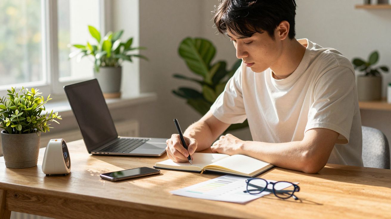 Jovem a estudar numa mesa com caderno, portátil aberto, telemóvel, óculos, planta e relógio digital.