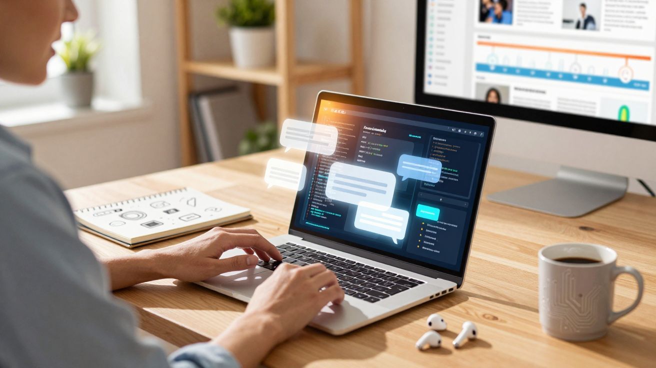 Pessoa a usar portátil com janelas de chat e código aberto num ambiente de trabalho moderno.