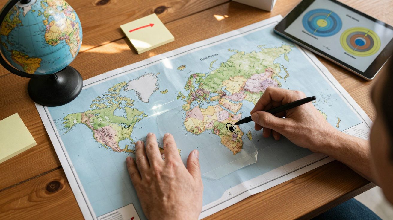 Pessoa a desenhar num mapa mundi sobre uma mesa de madeira com um globo e um tablet ao lado.