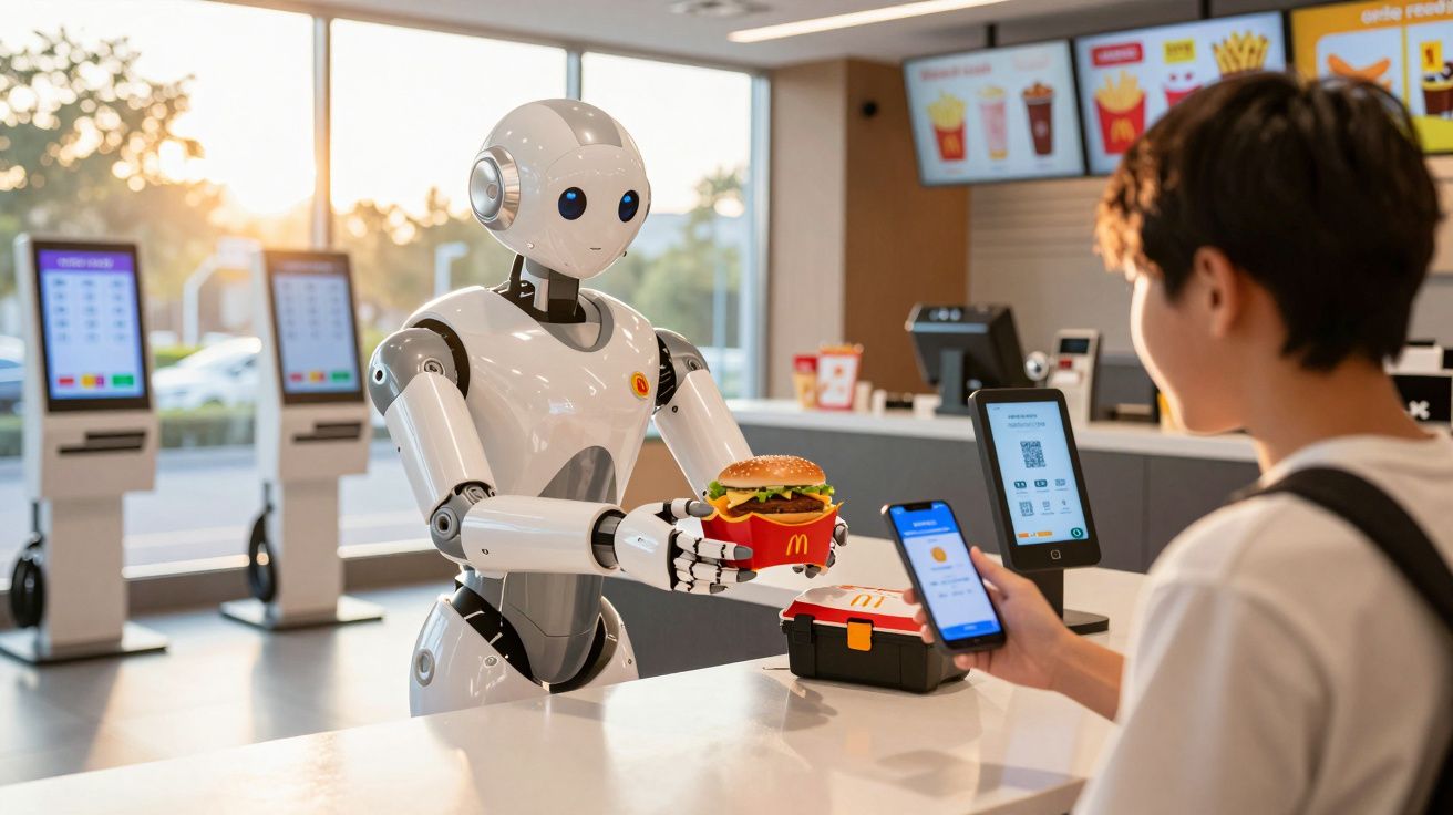 Robô a servir um hambúrguer num restaurante McDonald's a um cliente que usa telemóvel para pagamento.