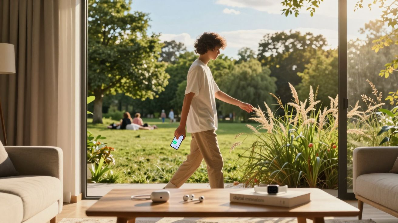 Pessoa com telemóvel a andar num jardim visível através de uma porta de vidro ampla numa sala moderna.