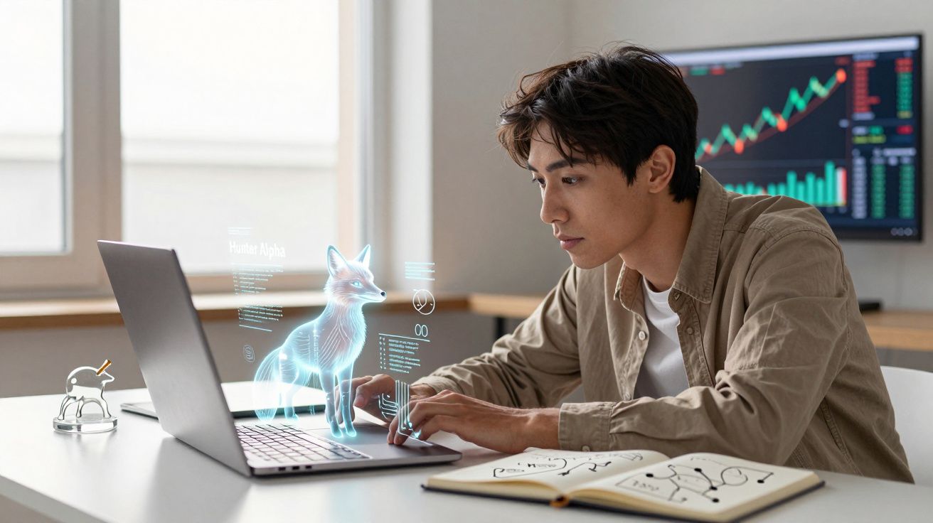 Jovem a usar portátil com visualização holográfica de raposa e gráficos financeiros ao fundo.
