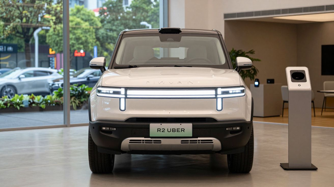 Veículo elétrico branco R2 Uber em exposição interior com luzes LED e montra urbana ao fundo.