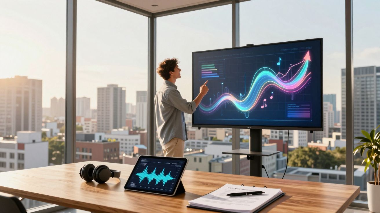 Homem numa sala moderna a interagir com ecrã digital que exibe gráfico colorido de tendência ascendente musical.