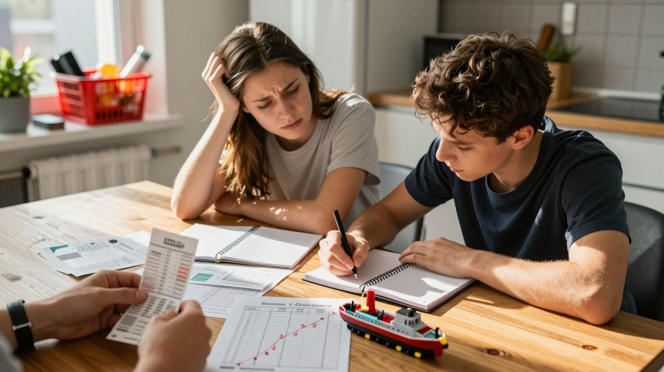 Dois jovens estudam com gráficos e caderno numa mesa, parecendo preocupados ou concentrados.