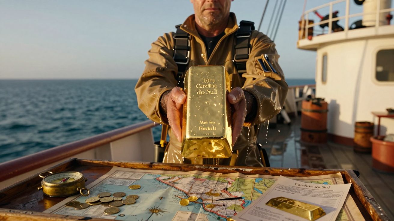 Homem a bordo de barco a mostrar barra de ouro, com mapa e moedas sobre mesa à sua frente.