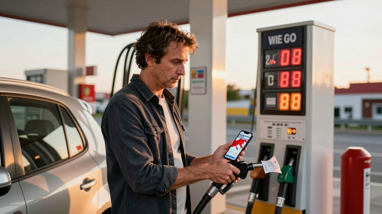 Homem usa telemóvel e paga abastecimento de combustível numa bomba de gasolina.