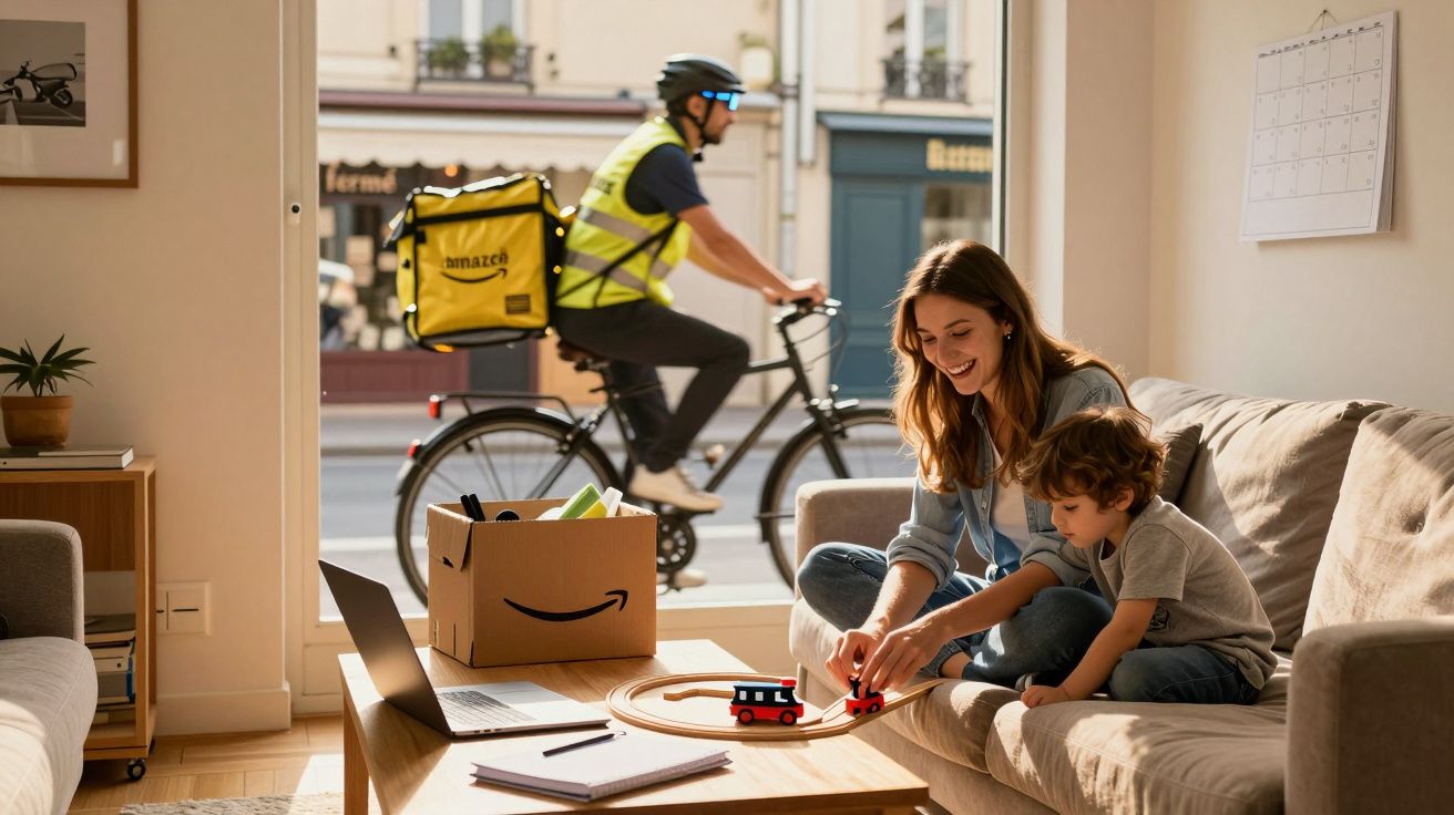 Mulher e menino brincam no sofá enquanto um entregador de bicicleta passa pela janela aberta.