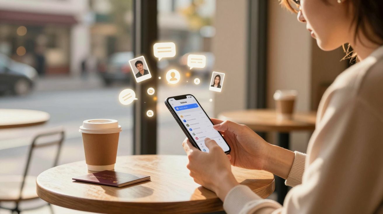 Pessoa a usar smartphone com contactos e mensagens digitais numa mesa de café com chávena e passaporte.