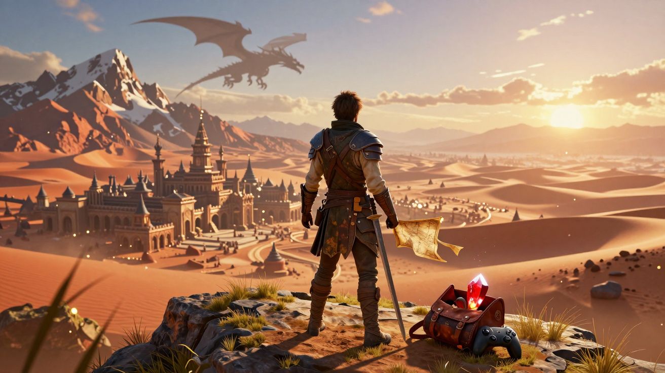 Aventureiro com espada observa cidade no deserto ao pôr do sol com dragão voando ao fundo.