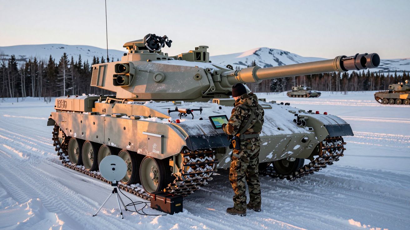 Soldado em uniforme camuflado opera um tablet próximo a um tanque de guerra na neve, com montanhas e árvores ao fundo.