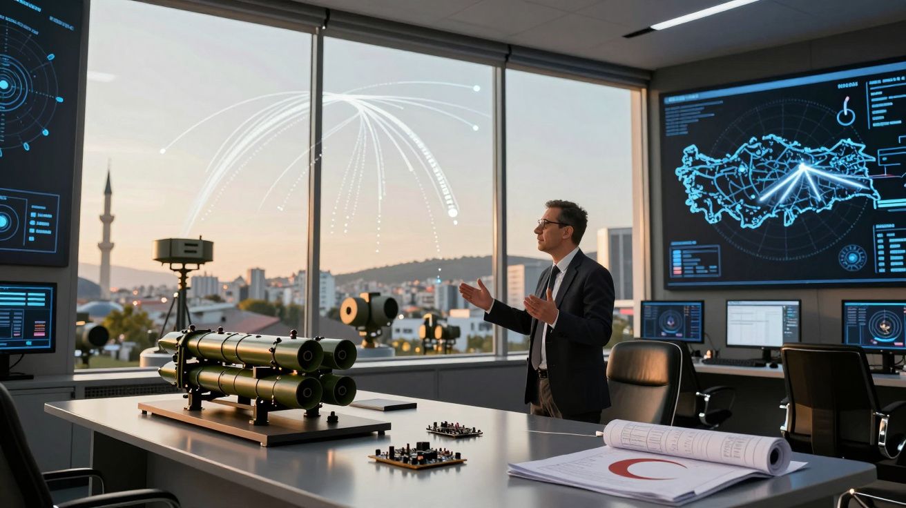 Homem em traje formal num escritório moderno com maquete militar e mapas digitais estratégicos nas ecrãs.