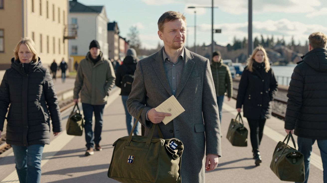 Homem de casaco cinza segura pasta verde enquanto caminha entre outras pessoas em passeio junto à água.