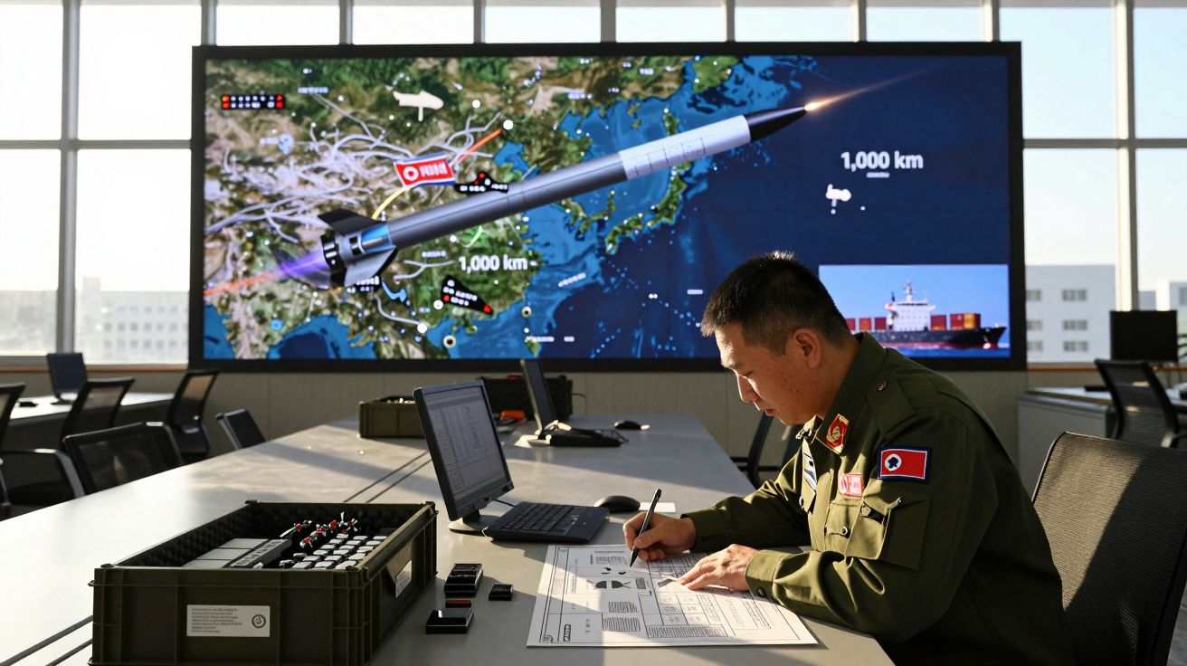 Oficial militar asiático a trabalhar num escritório com grande ecrã atrás a mostrar um míssil e mapas estratégicos.