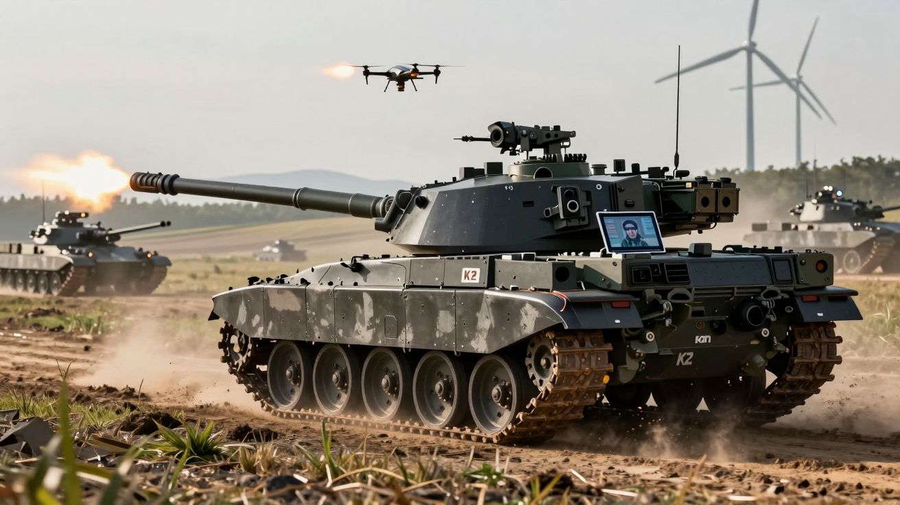 Tanques de combate e drone militar em campo aberto com turbinas eólicas ao fundo.