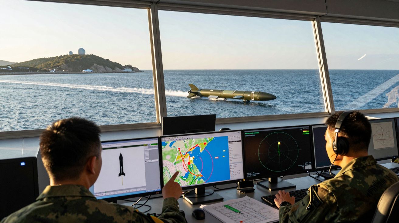 Dois militares monitorizam lançamento de míssil a partir de um centro de controlo junto ao mar.