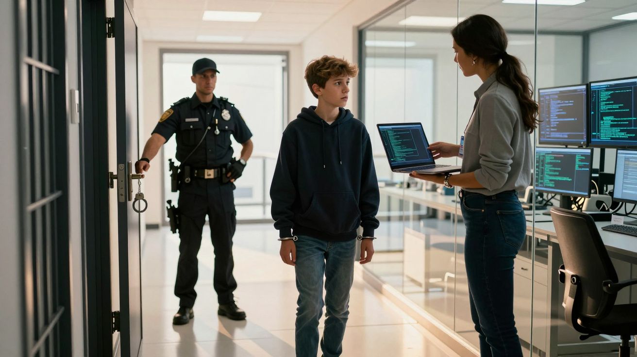 Polícia a escoltar rapaz algemado numa sala de escritório com varias ecrãs e mulher com portátil.