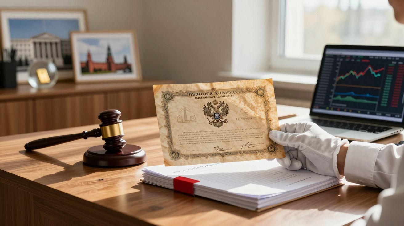 Pessoa com luva branca segurando certificado antigo numa mesa com martelo de juiz e portátil com gráficos.