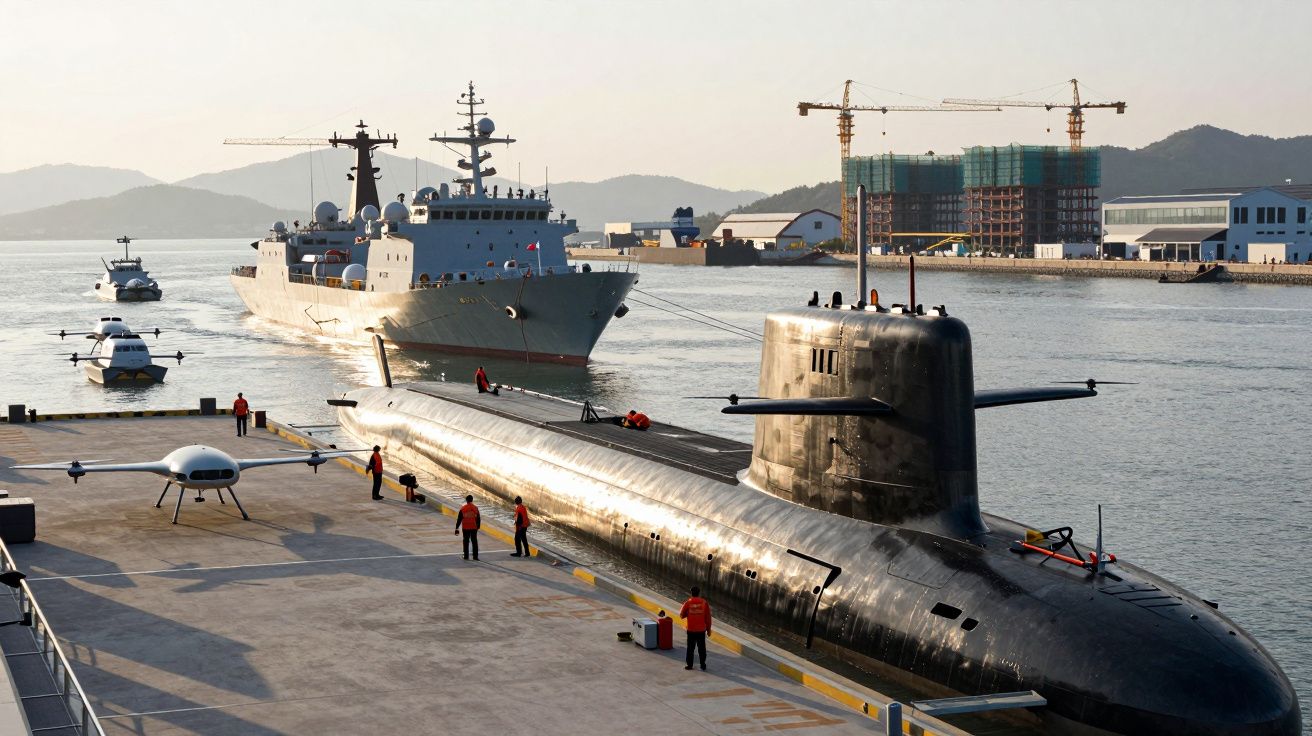 Submarino e navio militar atracados num porto com pessoas vestidas de uniforme laranja.