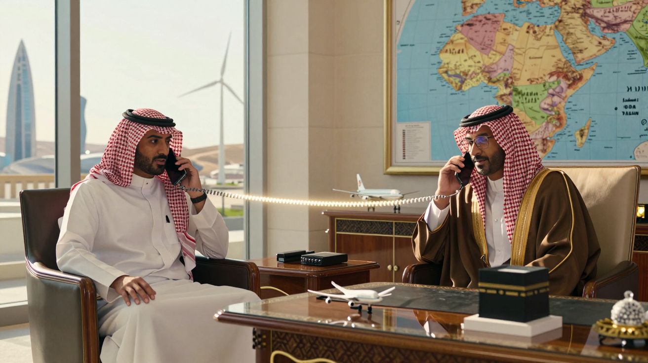 Dois homens árabes em trajes tradicionais falam ao telemóvel num escritório com maquetas de aviões e mapa mundial.